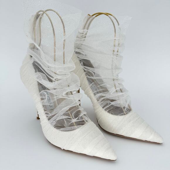 JIMMY CHOO Lavish 100 Glitter Satin Heels EU 38 US 7-8 Ivory White Bridal Pumps - Picture 3 of 9